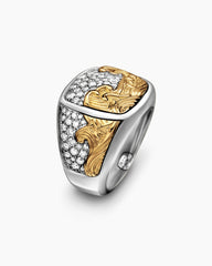 Waves Signet Ring in Sterling Silver with 18K Yellow Gold and Diamonds, 18.8mm