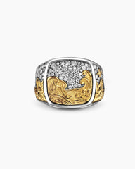 Waves Signet Ring in Sterling Silver with 18K Yellow Gold and Diamonds, 18.8mm