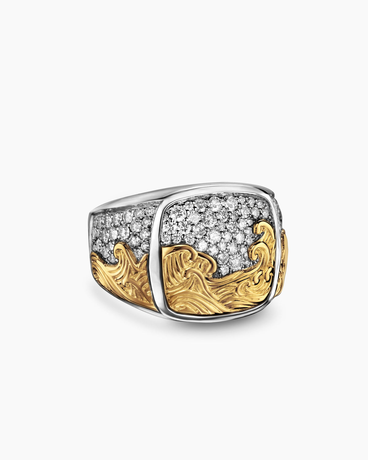 Waves Signet Ring in Sterling Silver with 18K Yellow Gold and Diamonds, 18.8mm