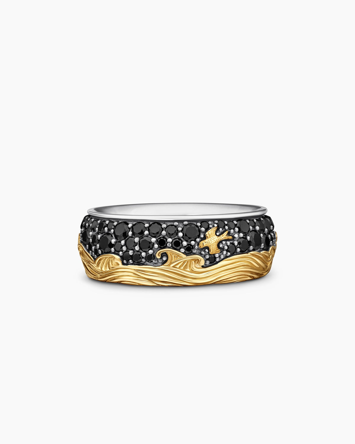 Waves Band Ring in Sterling Silver with 18K Yellow Gold and Black Diamonds, 8.7mm