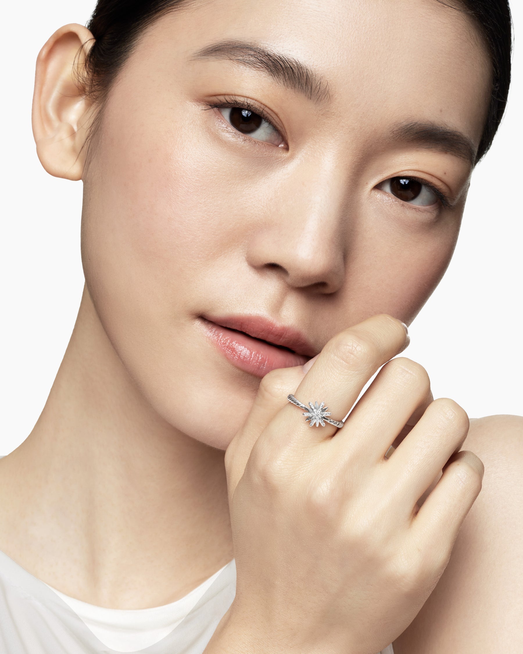 Petite Starburst Ring in Sterling Silver with Diamonds, 10mm