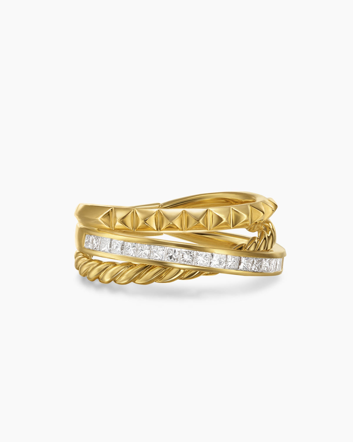 Crossover Trio Three Row Ring in 18K Yellow Gold with Diamonds, 8mm