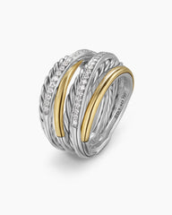 Crossover Seven Row Ring in Sterling Silver with 18K Yellow Gold and Diamonds, 16mm