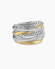 Crossover Seven Row Ring in Sterling Silver with 18K Yellow Gold and Diamonds, 16mm