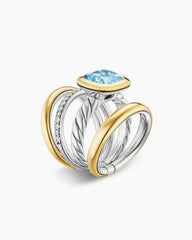 DY Mercer® Color Four Row Stone Ring in Sterling Silver with 18K Yellow Gold, Sky Blue Topaz and Diamonds, 14mm