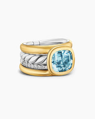 DY Mercer® Color Four Row Stone Ring in Sterling Silver with 18K Yellow Gold, Sky Blue Topaz and Diamonds, 14mm
