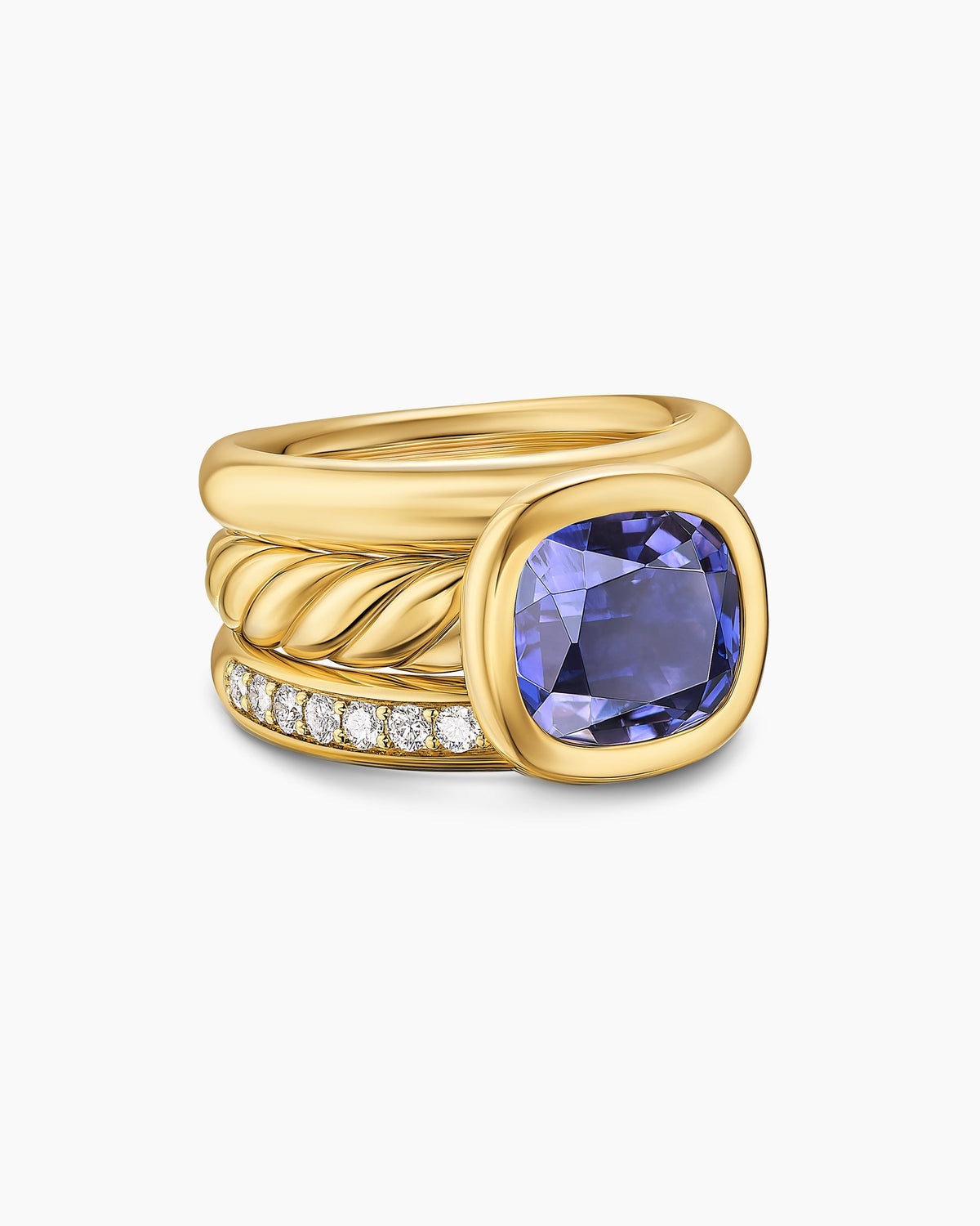 DY Mercer® Color Three Row Stone Ring in 18K Yellow Gold with Iolite and Diamonds, 12mm