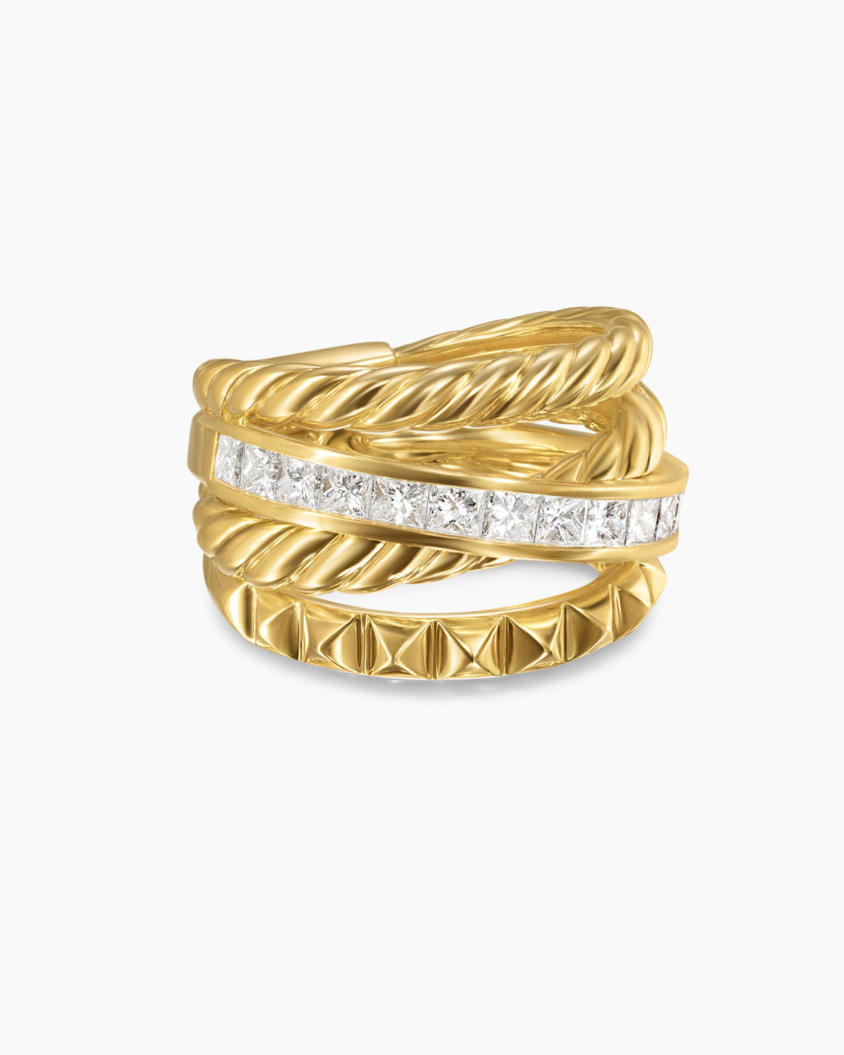 Crossover Trio Four Row Ring in 18K Yellow Gold with Diamonds, 15mm
