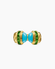 Sculpted Cable Open Cocktail Ring in 18K Yellow Gold with Turquoise and Tsavorites, 12.4mm