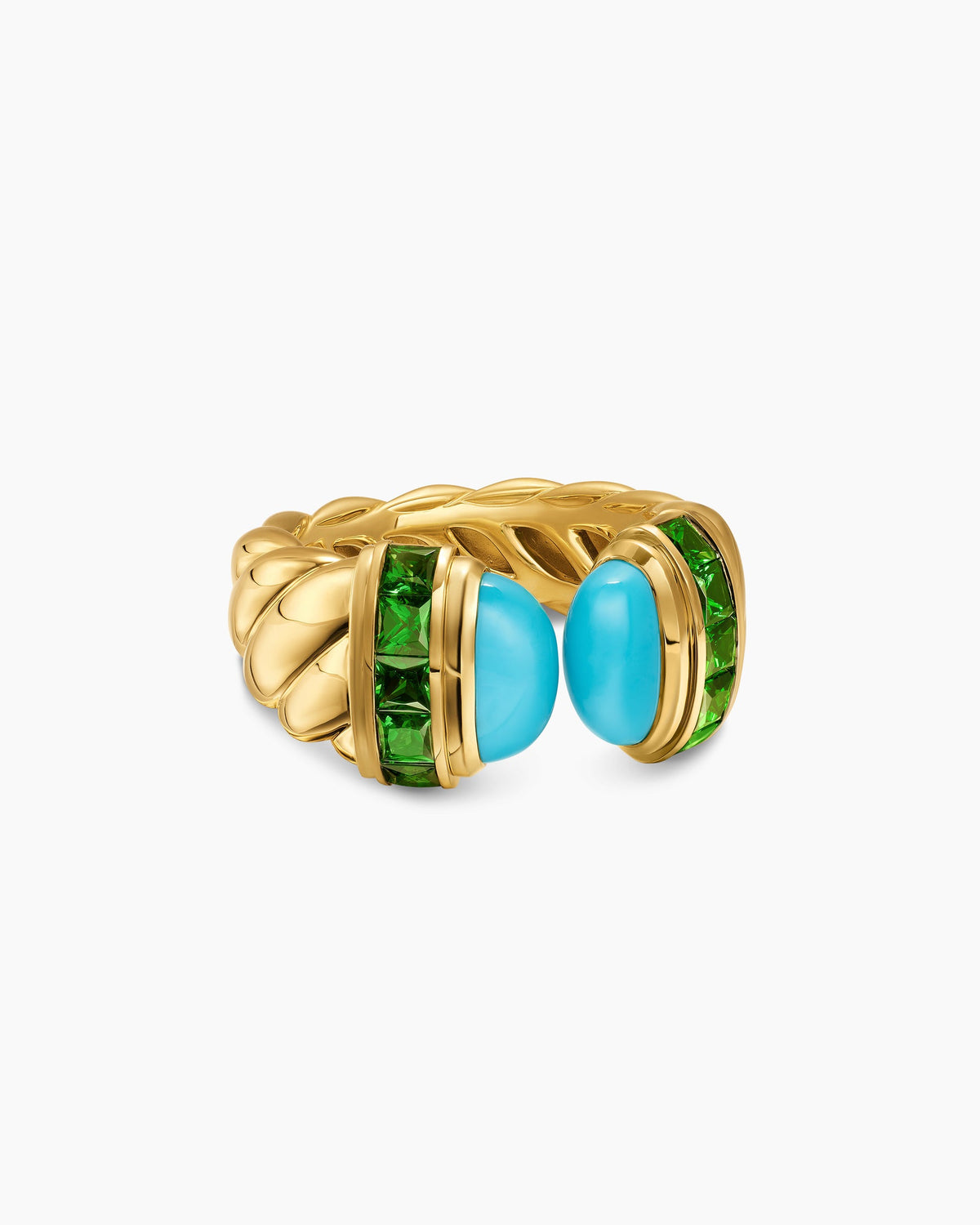 Sculpted Cable Open Cocktail Ring in 18K Yellow Gold with Turquoise and Tsavorites, 12.4mm