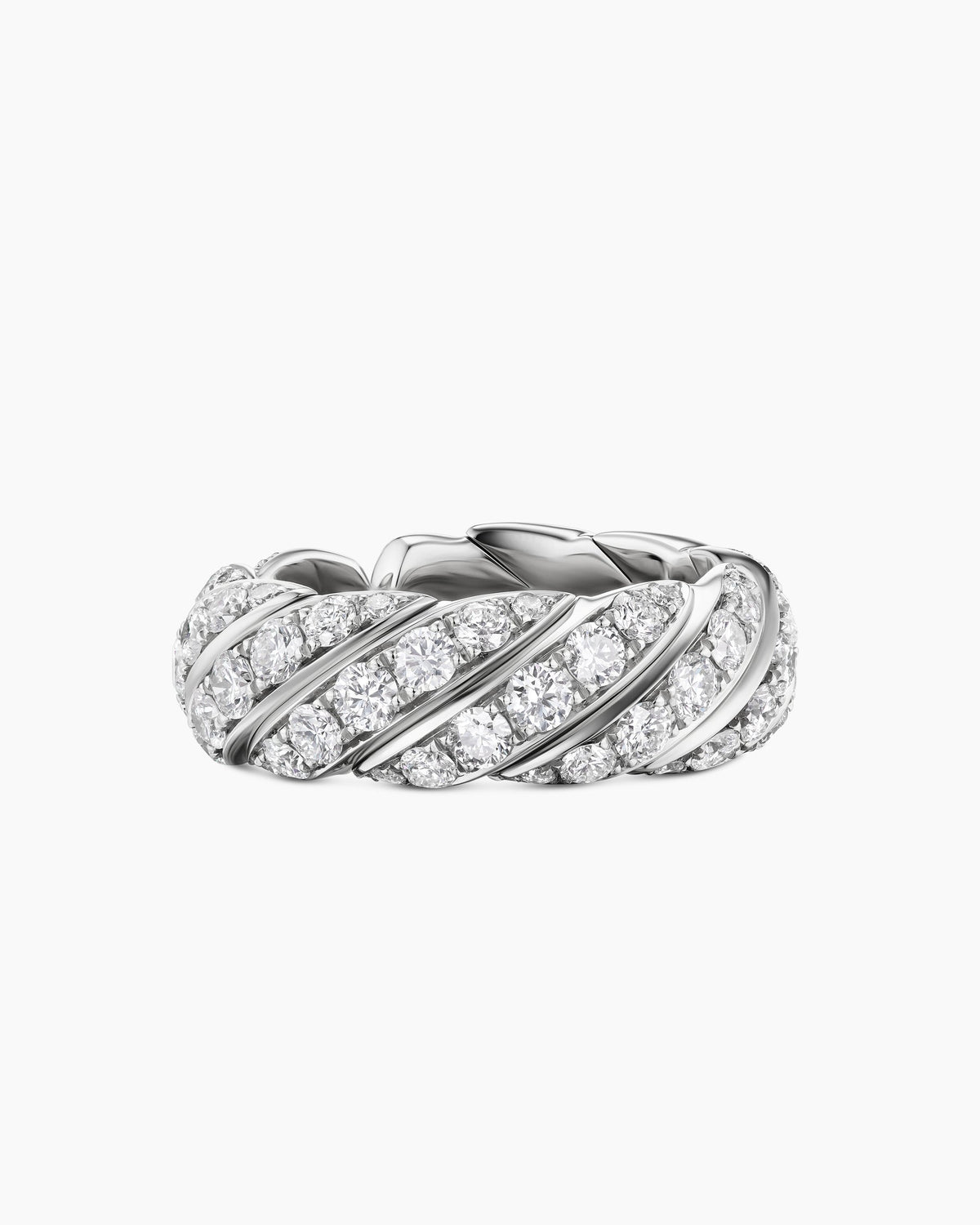 Sculpted Cable Flex Band Ring in 18K White Gold with Diamonds, 7.5mm