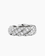 Sculpted Cable Flex Band Ring in 18K White Gold with Diamonds, 7.5mm
