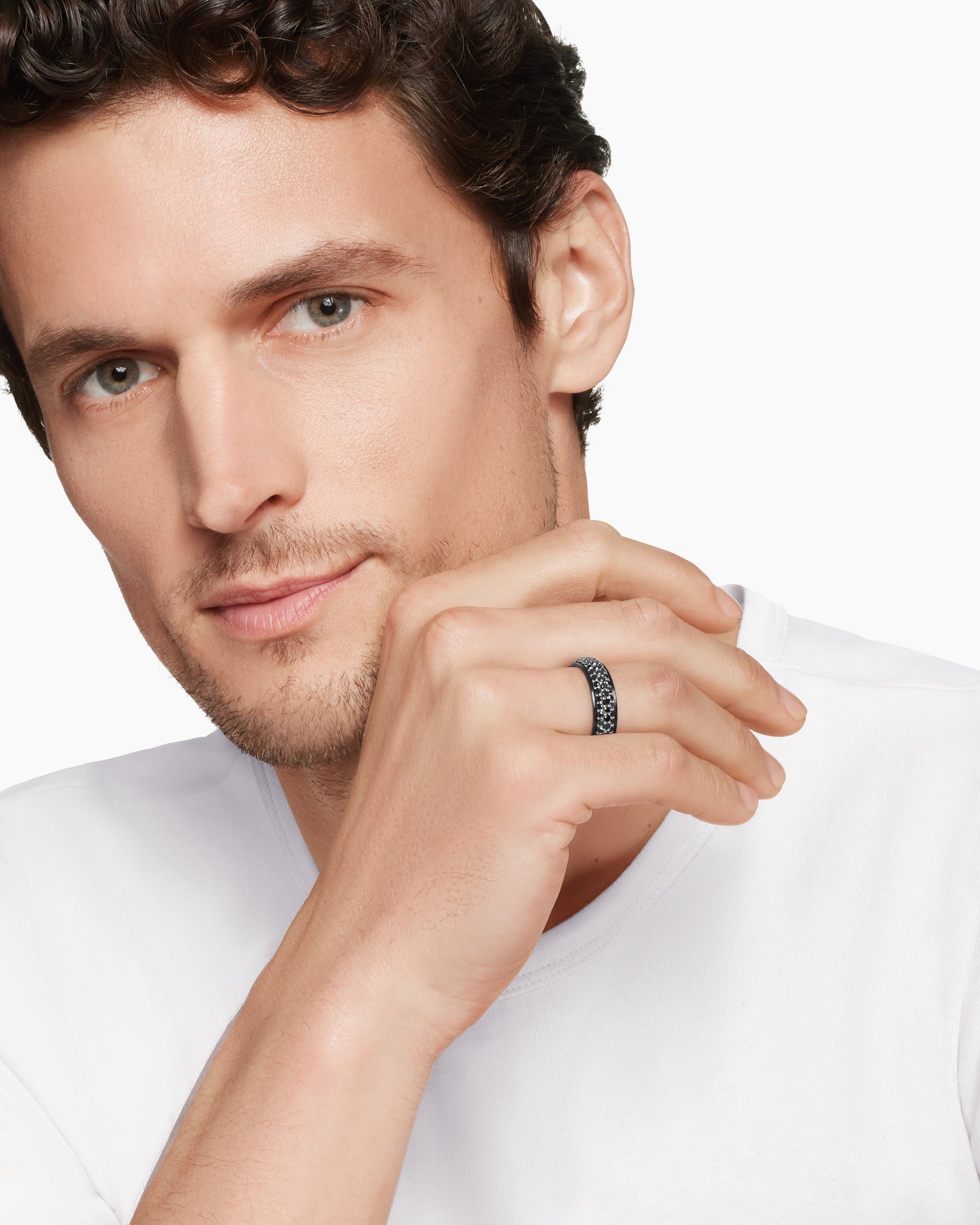 Beveled Band Ring in Black Titanium with Half Pavé Black Diamonds, 6mm