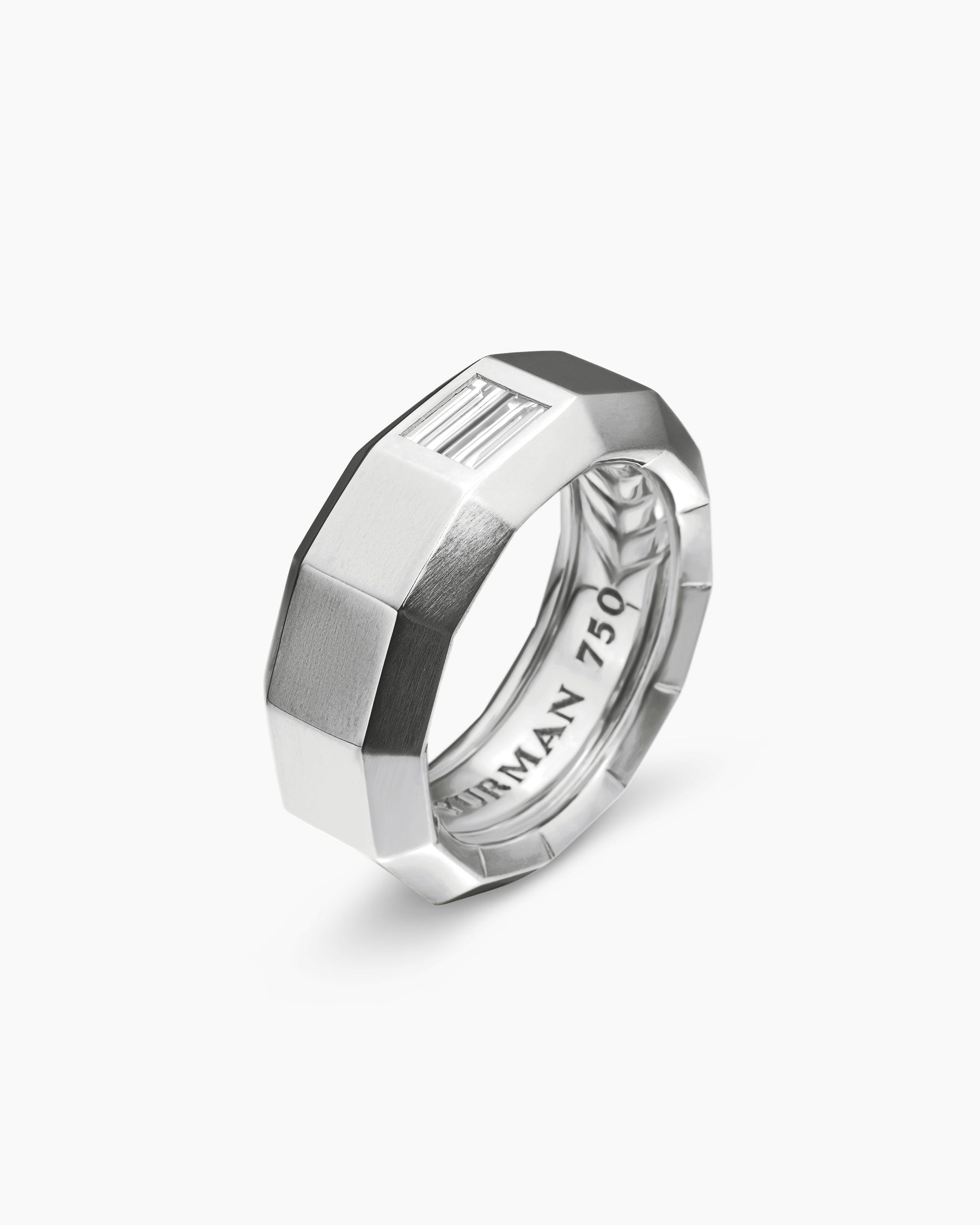 Faceted Band Ring in 18K White Gold with Center Diamond, 8mm