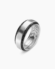 Beveled Band Ring in 18K White Gold with Black Diamonds, 8mm