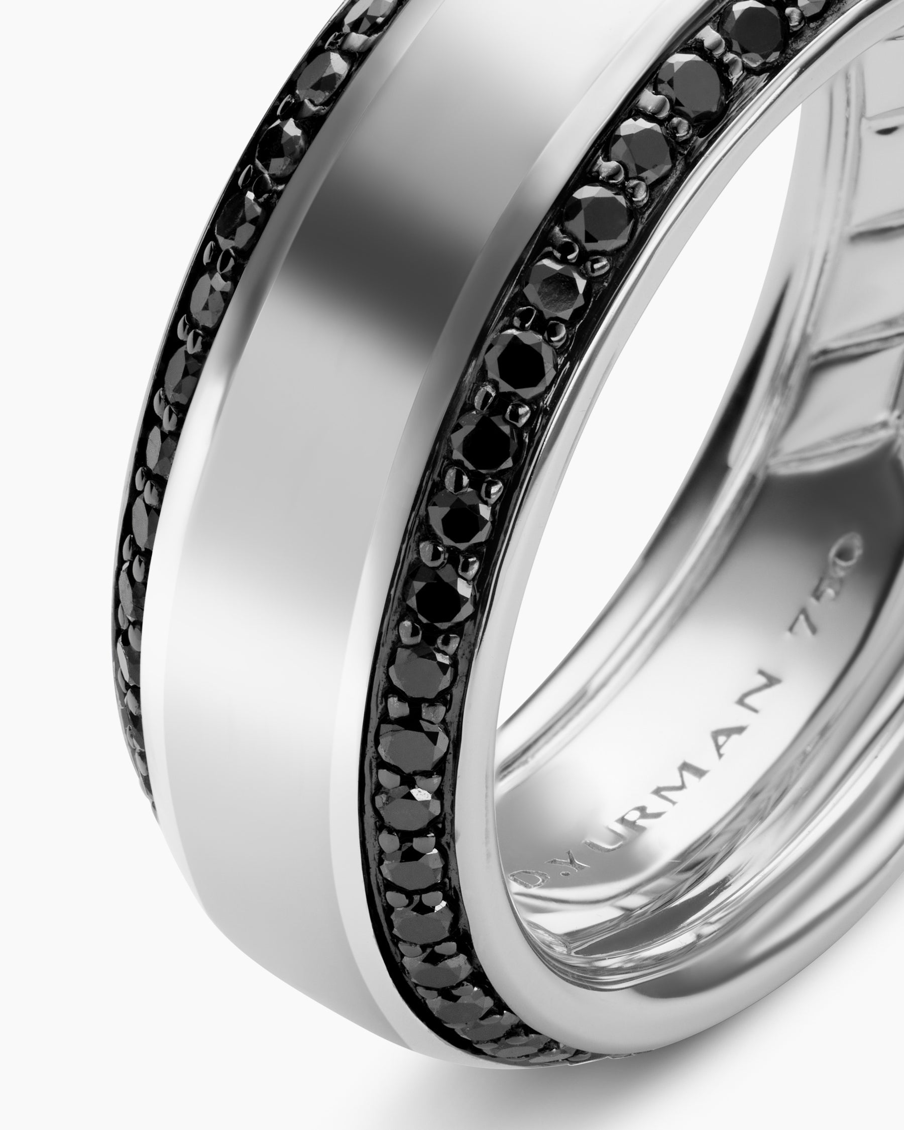 Beveled Band Ring in 18K White Gold with Black Diamonds, 8mm