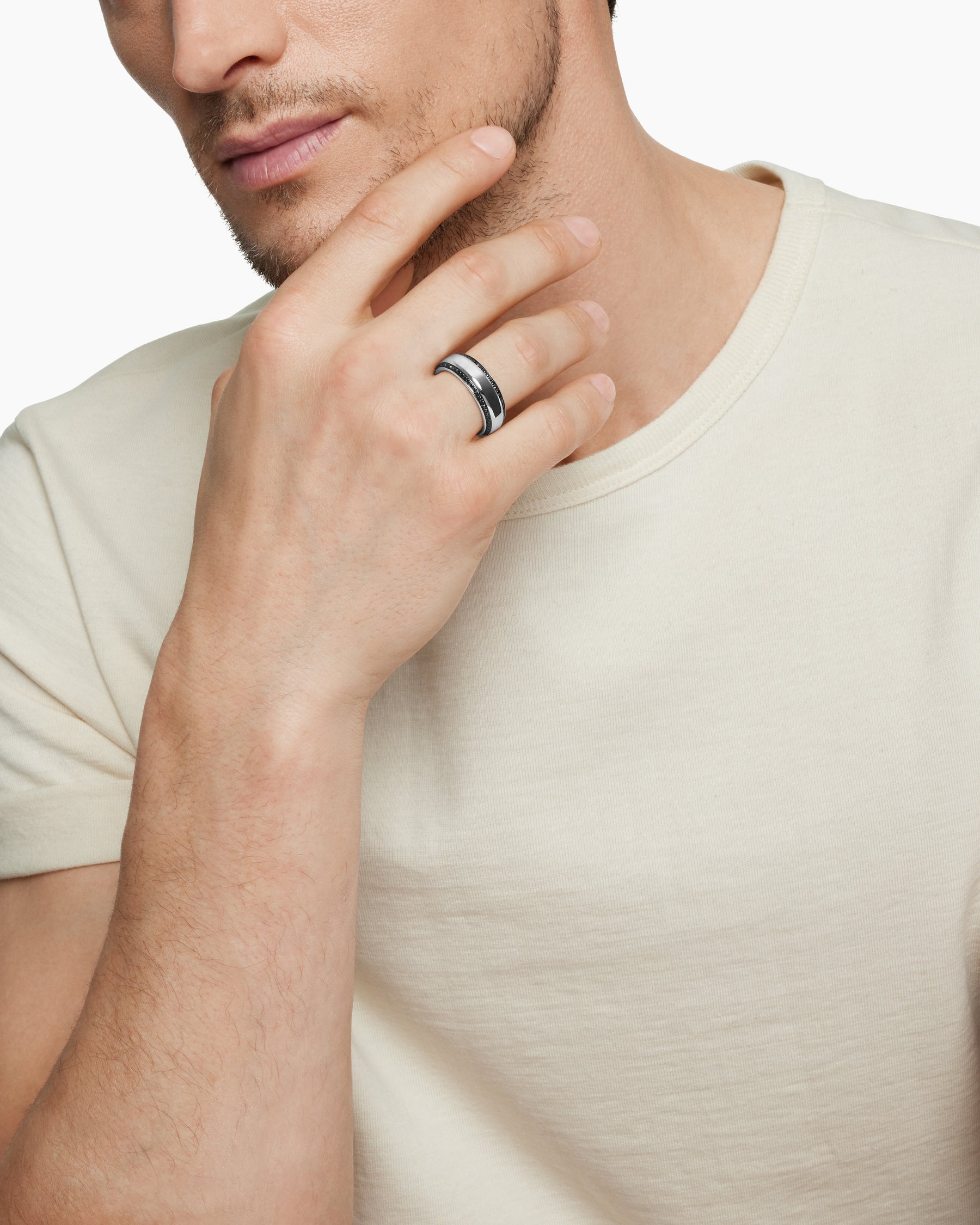Beveled Band Ring in 18K White Gold with Black Diamonds, 8mm
