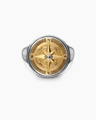 Maritime® Compass Signet Ring in Sterling Silver with 18K Yellow Gold and Center Diamond, 19.4mm