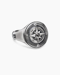 Maritime® Compass Signet Ring in Sterling Silver with Center Black Diamond, 19.4mm