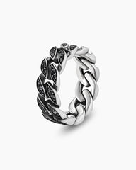 Curb Chain Band Ring in Sterling Silver with Black Diamonds, 8mm