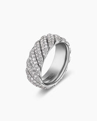 Sculpted Cable Pavé Band Ring in 18K White Gold with Diamonds, 8.5mm