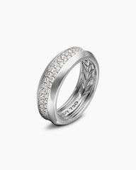 Beveled Two Row Band Ring in 18K White Gold with Diamonds, 8mm