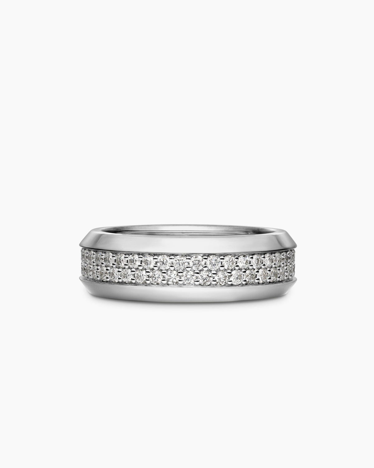 Beveled Two Row Band Ring in 18K White Gold with Diamonds, 8mm