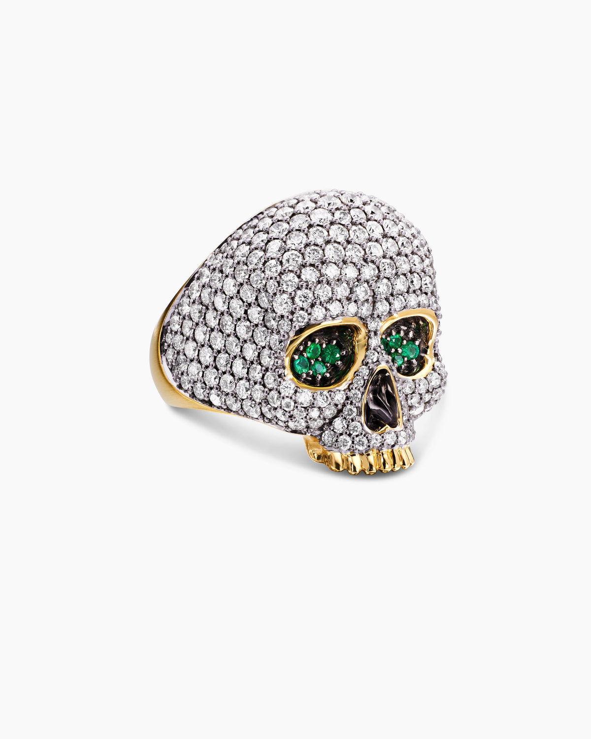 Memento Mori Skull Ring in 18K Yellow Gold with Diamonds and Emeralds, 26mm