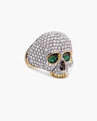 Memento Mori Skull Ring in 18K Yellow Gold with Diamonds and Emeralds, 26mm