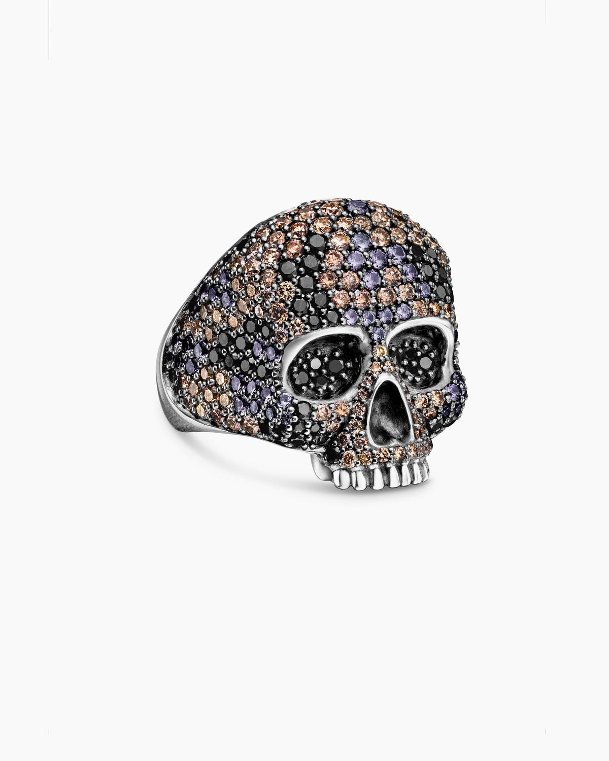 Memento Mori Skull Ring in Sterling Silver with Black Diamonds and Cognac Diamonds, 26mm