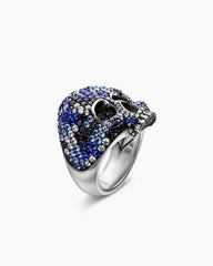 Memento Mori Skull Ring in Sterling Silver with Black Diamonds and Sapphires, 26mm