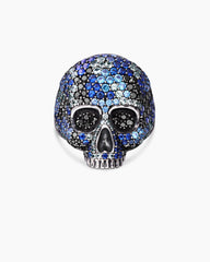 Memento Mori Skull Ring in Sterling Silver with Black Diamonds and Sapphires, 26mm