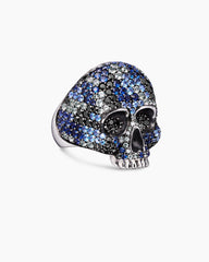 Memento Mori Skull Ring in Sterling Silver with Black Diamonds and Sapphires, 26mm
