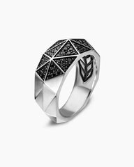 Faceted Signet Ring in Sterling Silver with Black Diamonds, 11.3mm