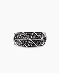 Faceted Signet Ring in Sterling Silver with Black Diamonds, 11.3mm
