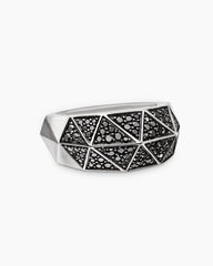 Faceted Signet Ring in Sterling Silver with Black Diamonds, 11.3mm