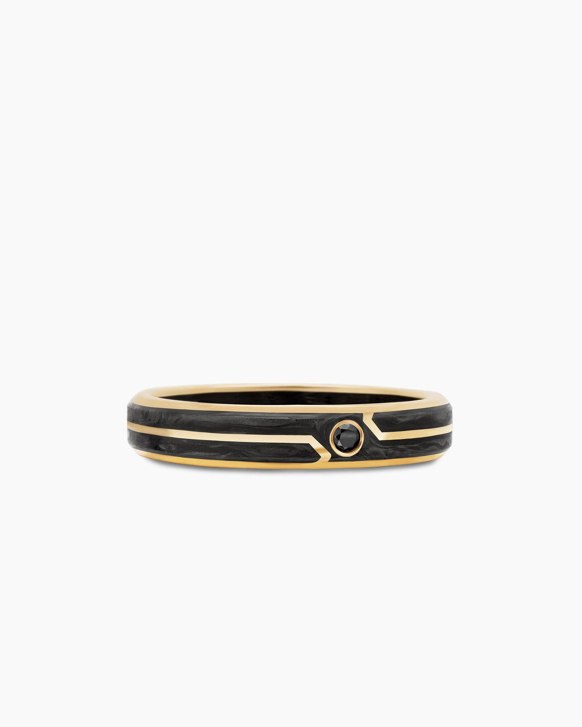 Forged Carbon Band Ring in 18K Yellow Gold with Center Black Diamond, 4mm