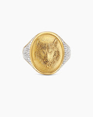 Petrvs® Wolf Signet Ring in 18K Yellow Gold with Diamonds, 21.5mm