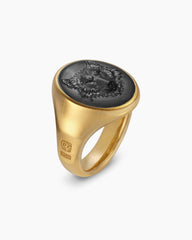 Petrvs® Wolf Signet Ring in 18K Yellow Gold with Black Onyx, 21.5mm