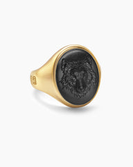 Petrvs® Wolf Signet Ring in 18K Yellow Gold with Black Onyx, 21.5mm