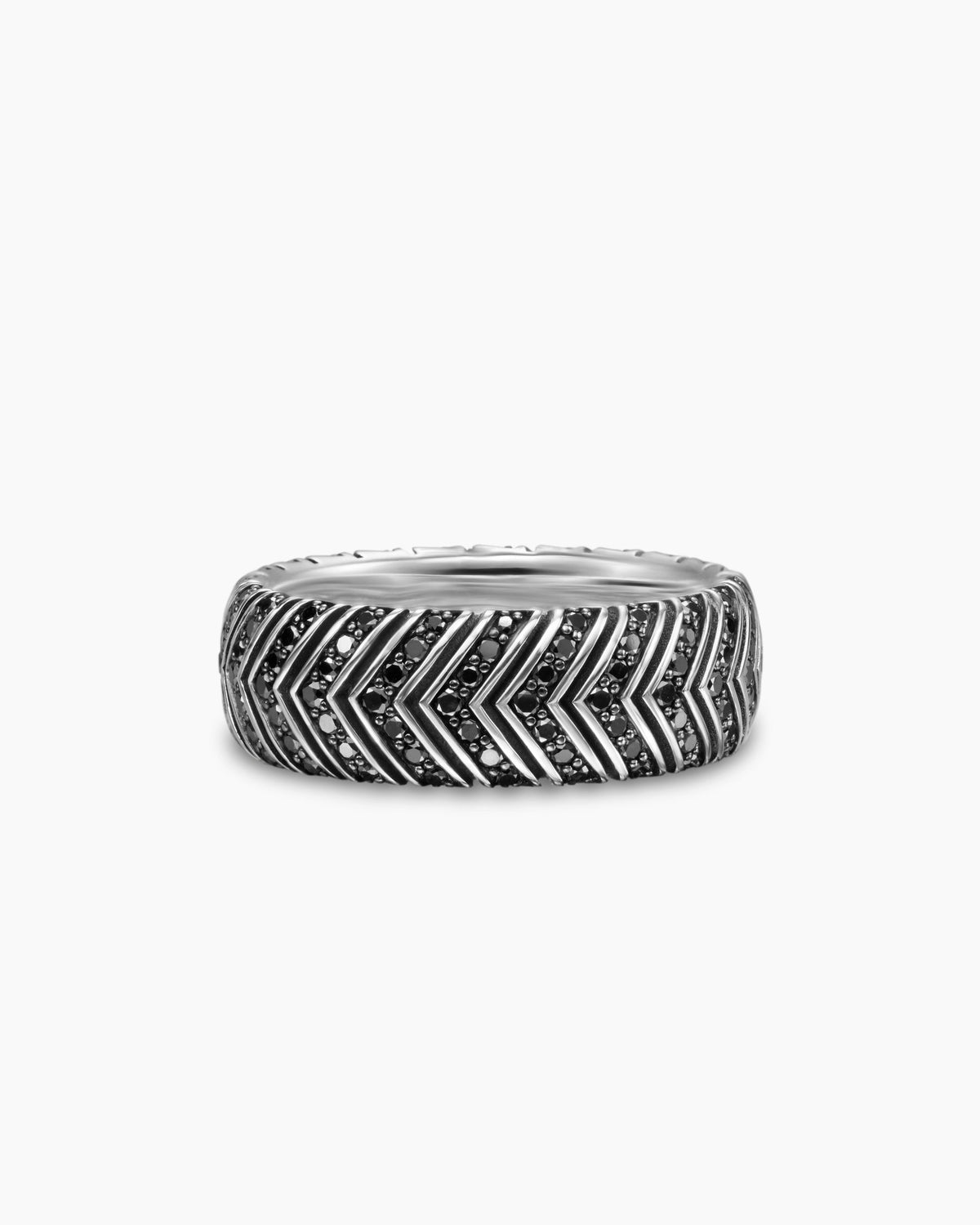 Chevron Band Ring in Sterling Silver with Black Diamonds, 8mm