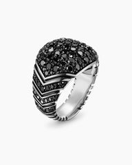Chevron Signet Ring in Sterling Silver with Black Diamonds, 18mm